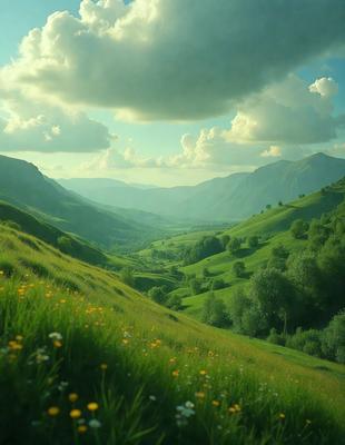 The primary subject of the image is a lush green hillside with a beautiful view of a valley. The hillside is covered in a variety of flowers, creating a vibrant and colorful scene. The setting is a mountainous area with a cloudy sky, adding to the overall atmosphere. The visual style of the image is a combination of photo and digital art, creating a realistic yet artistic representation of the landscape. The colors and mood of the image are predominantly green and serene, reflecting the natural beauty